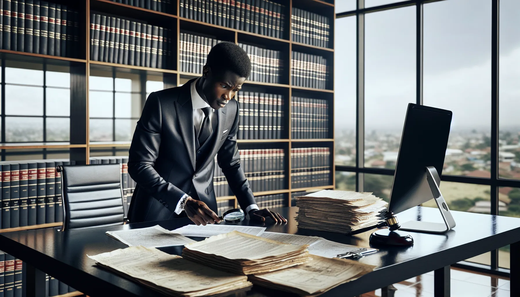 Croatian legal consultant examining property ownership documents in modern office