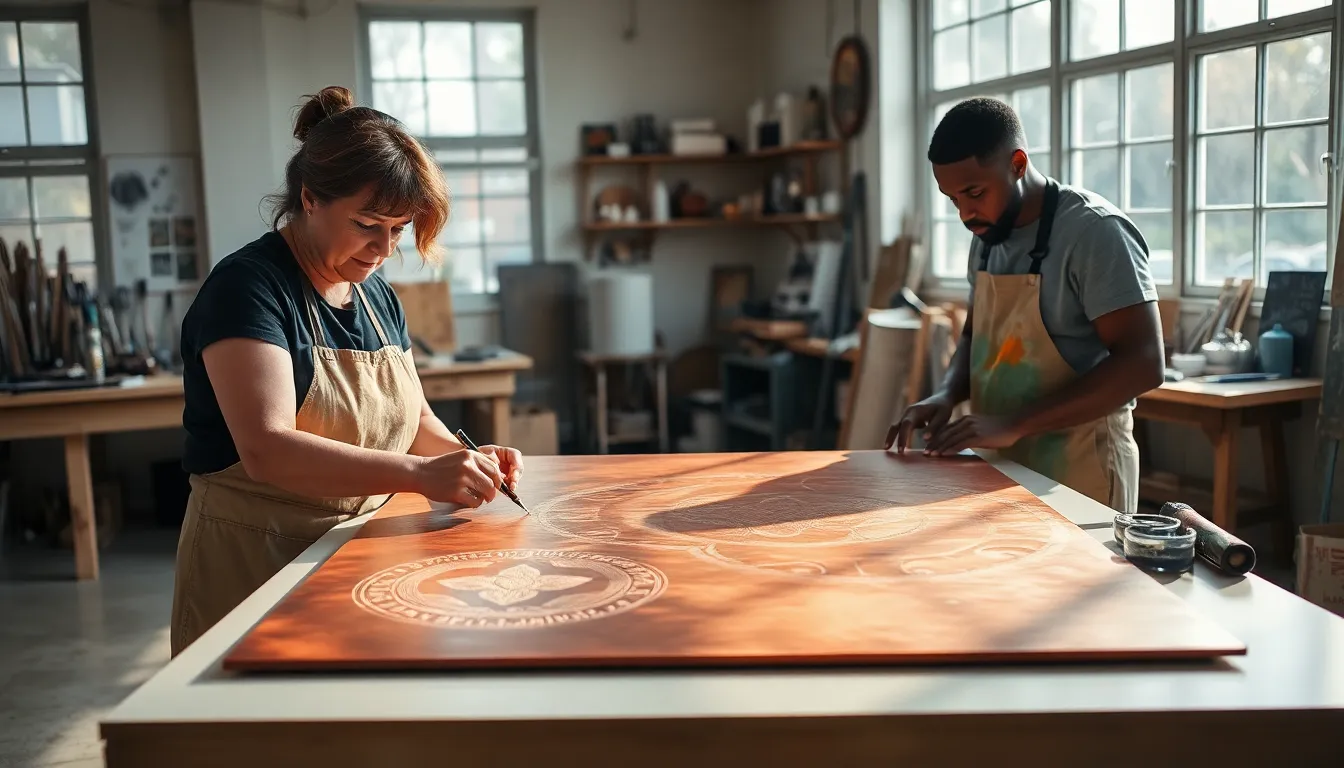 diverse artists creating copper canvas art in a modern studio.