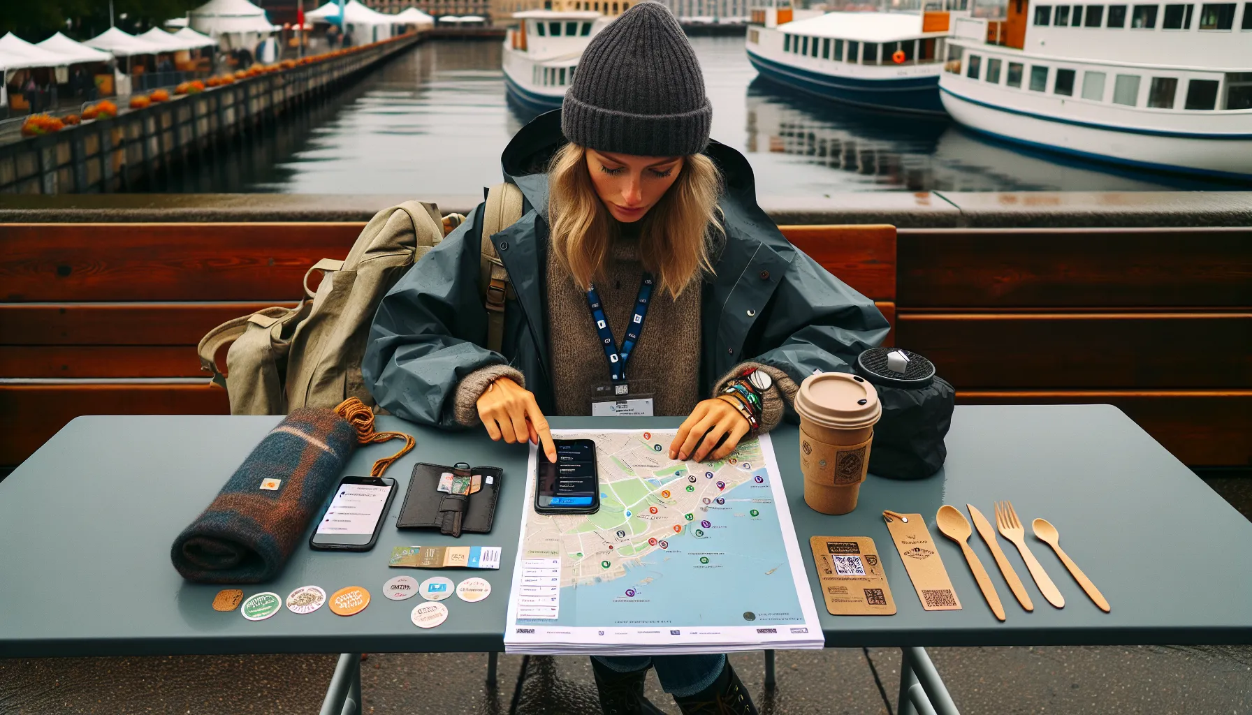Woman planning a norwegian food festival day with map, smakepass, and gear.