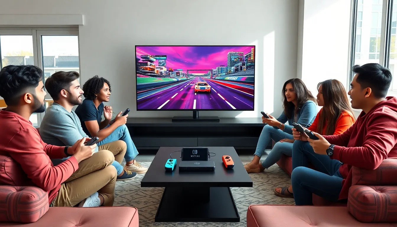 diverse group playing racing games on the Nintendo Switch in a living room.