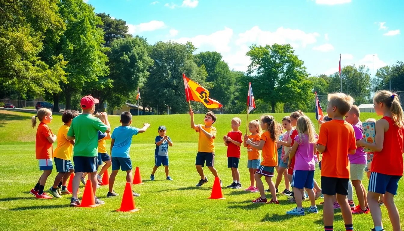children engaged in flag football at a summer camp.