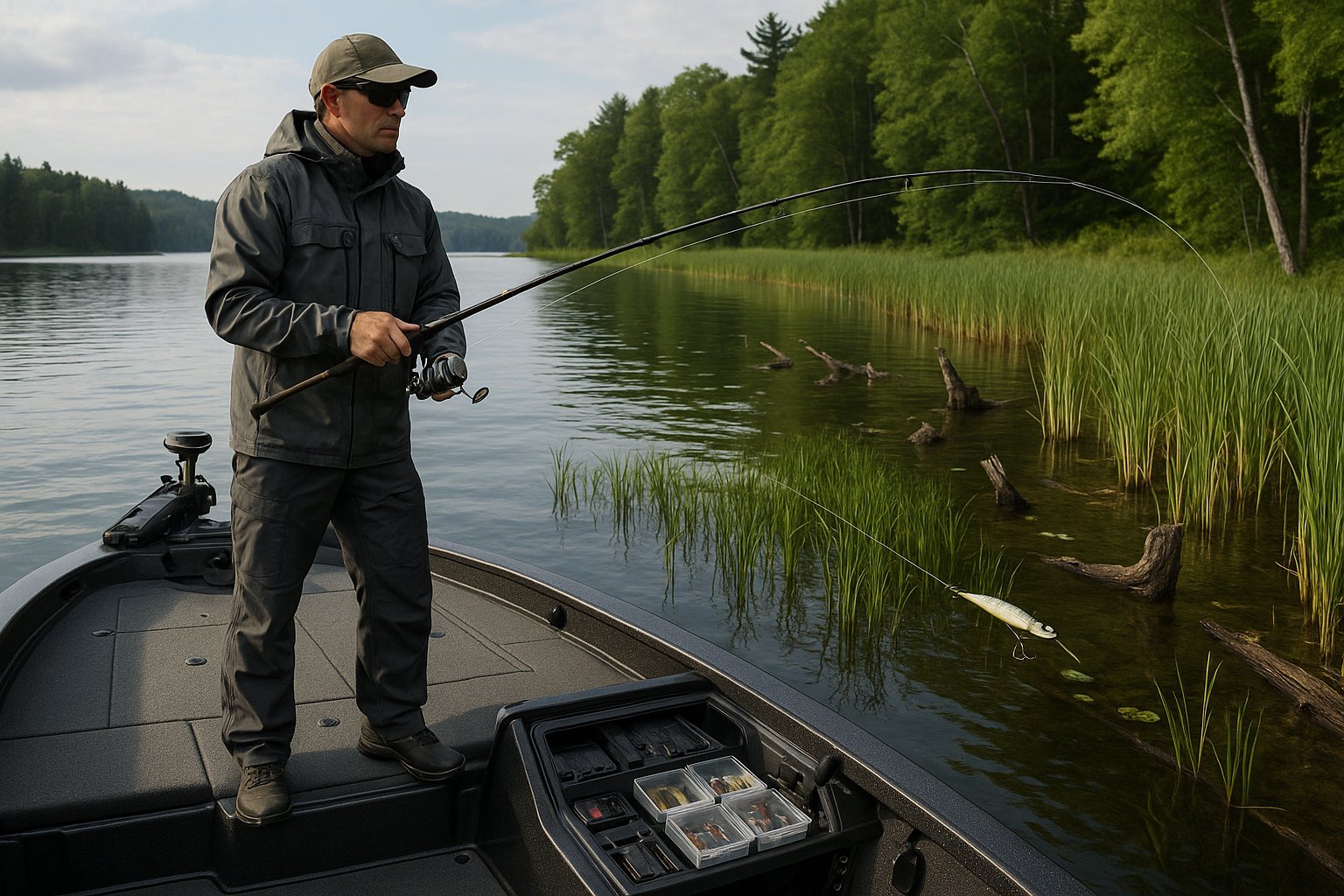 Angler casting near weed edge for northern pike on a lake.