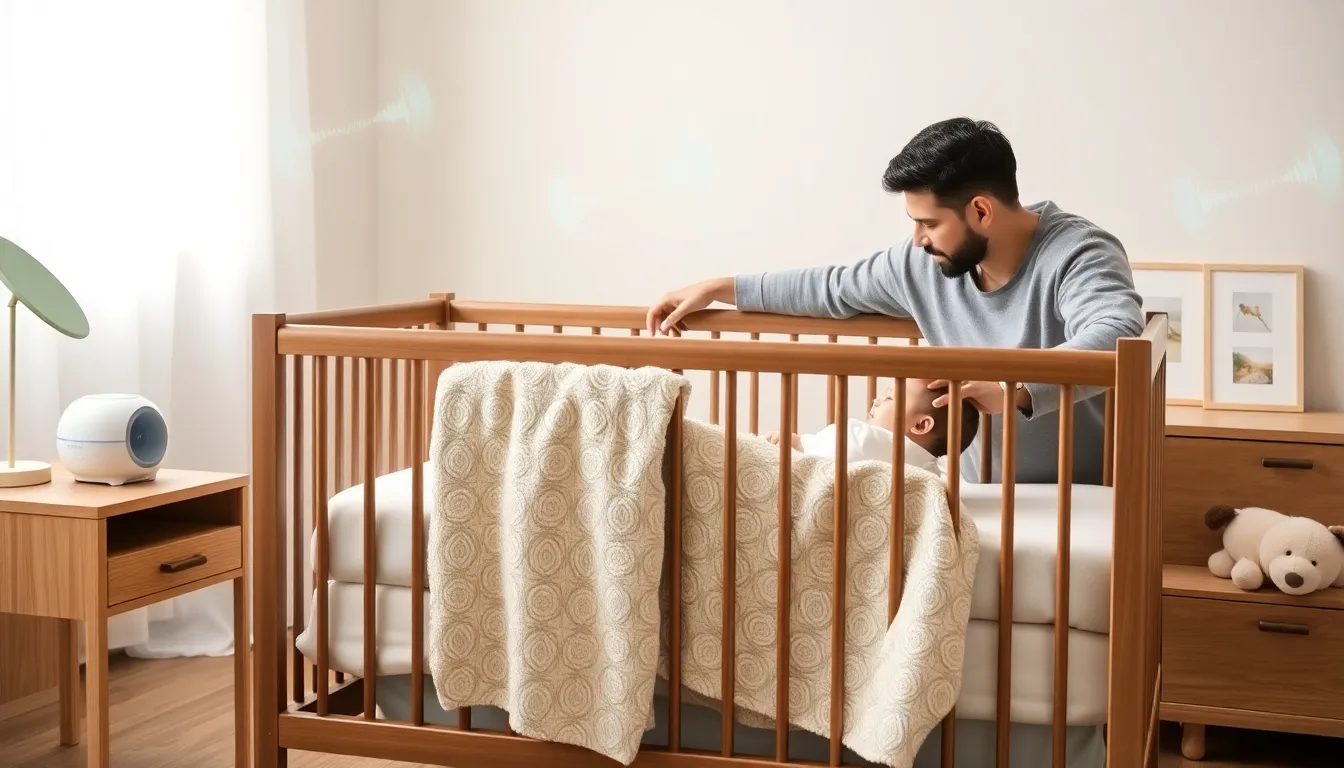 cozy nursery with a baby sleeping soundly and a white noise machine.