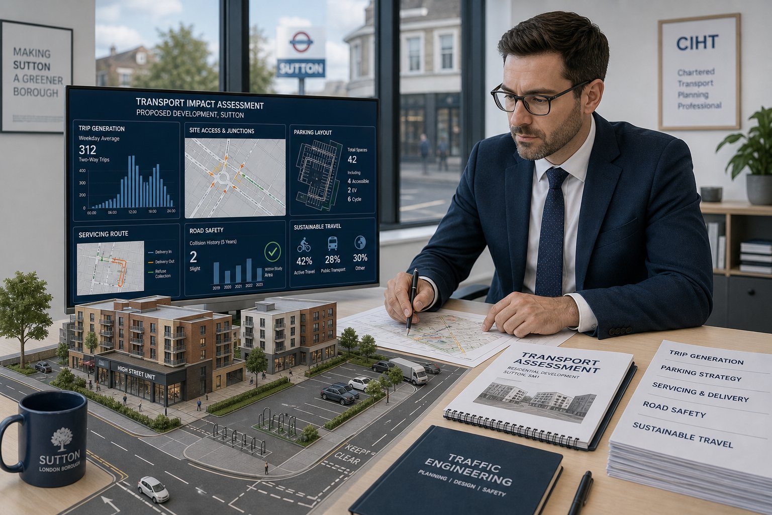 Traffic engineer reviewing development access, parking, and transport plans in Sutton.