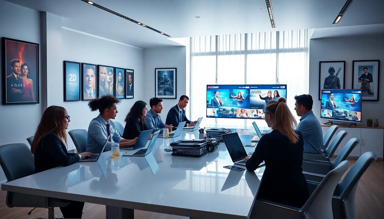 diverse team discussing entertainment insights in a modern office.
