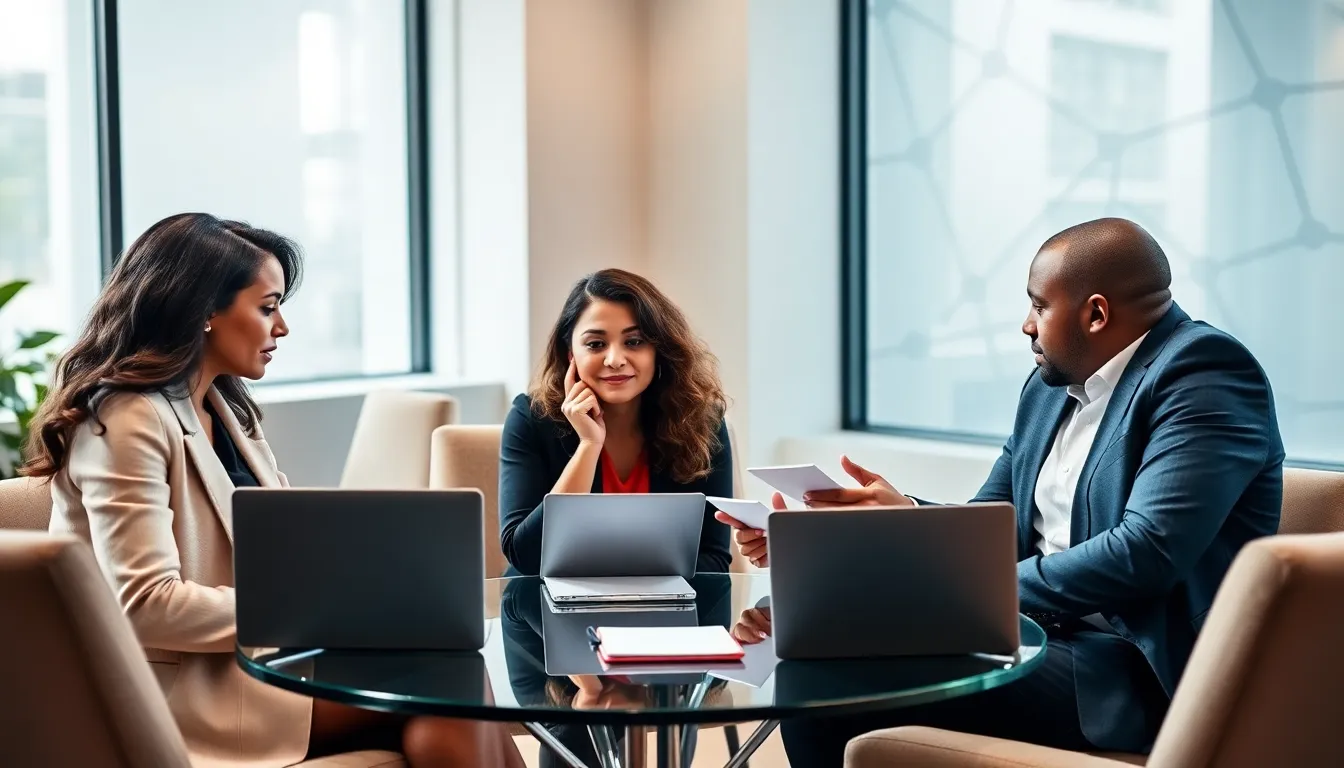 diverse professionals discussing relationship dynamics in a modern office.
