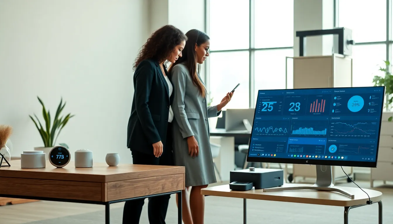 diverse team discussing IoT devices in a modern office.