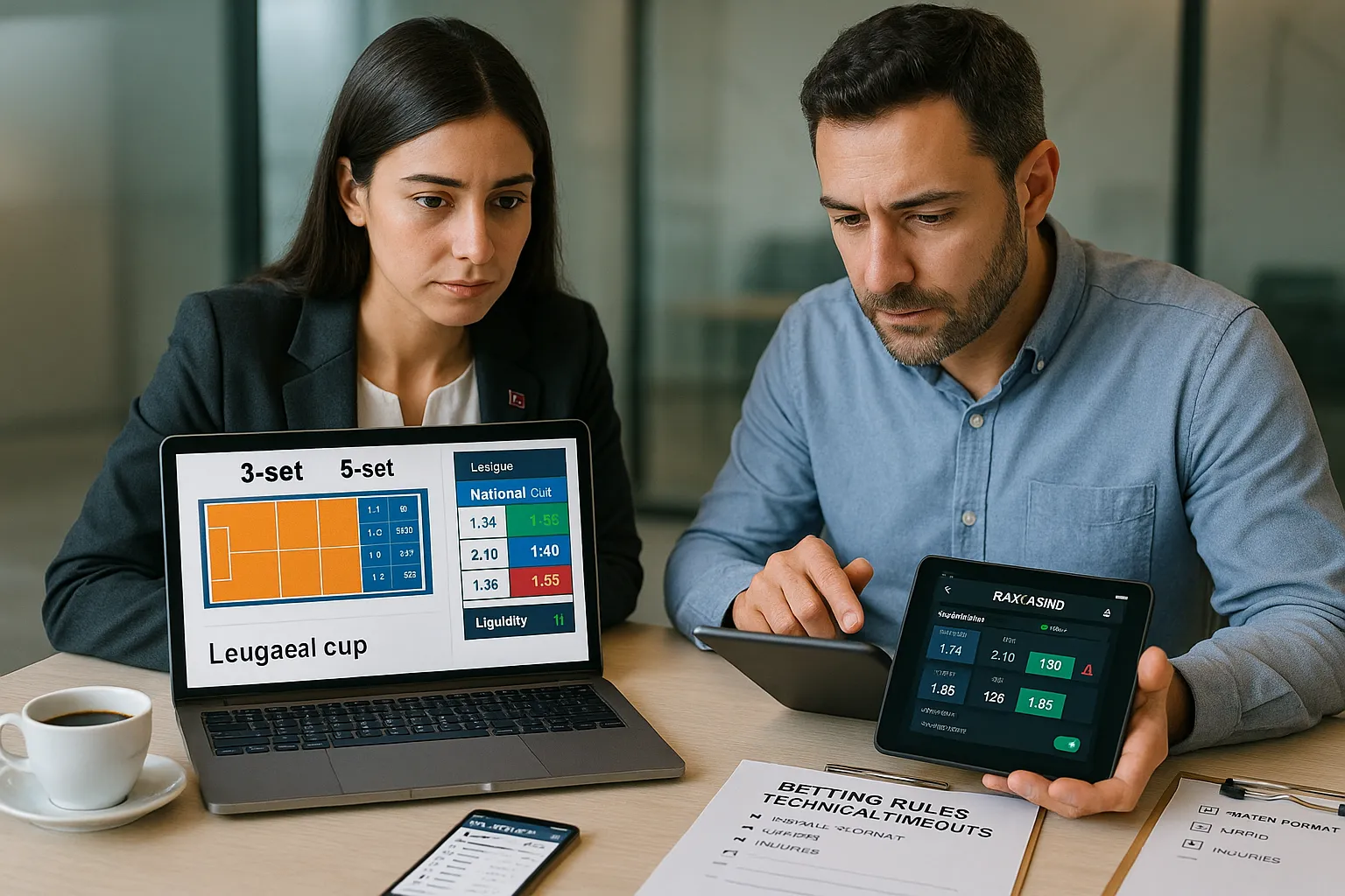 Two analysts reviewing volleyball betting odds and match formats on laptop.