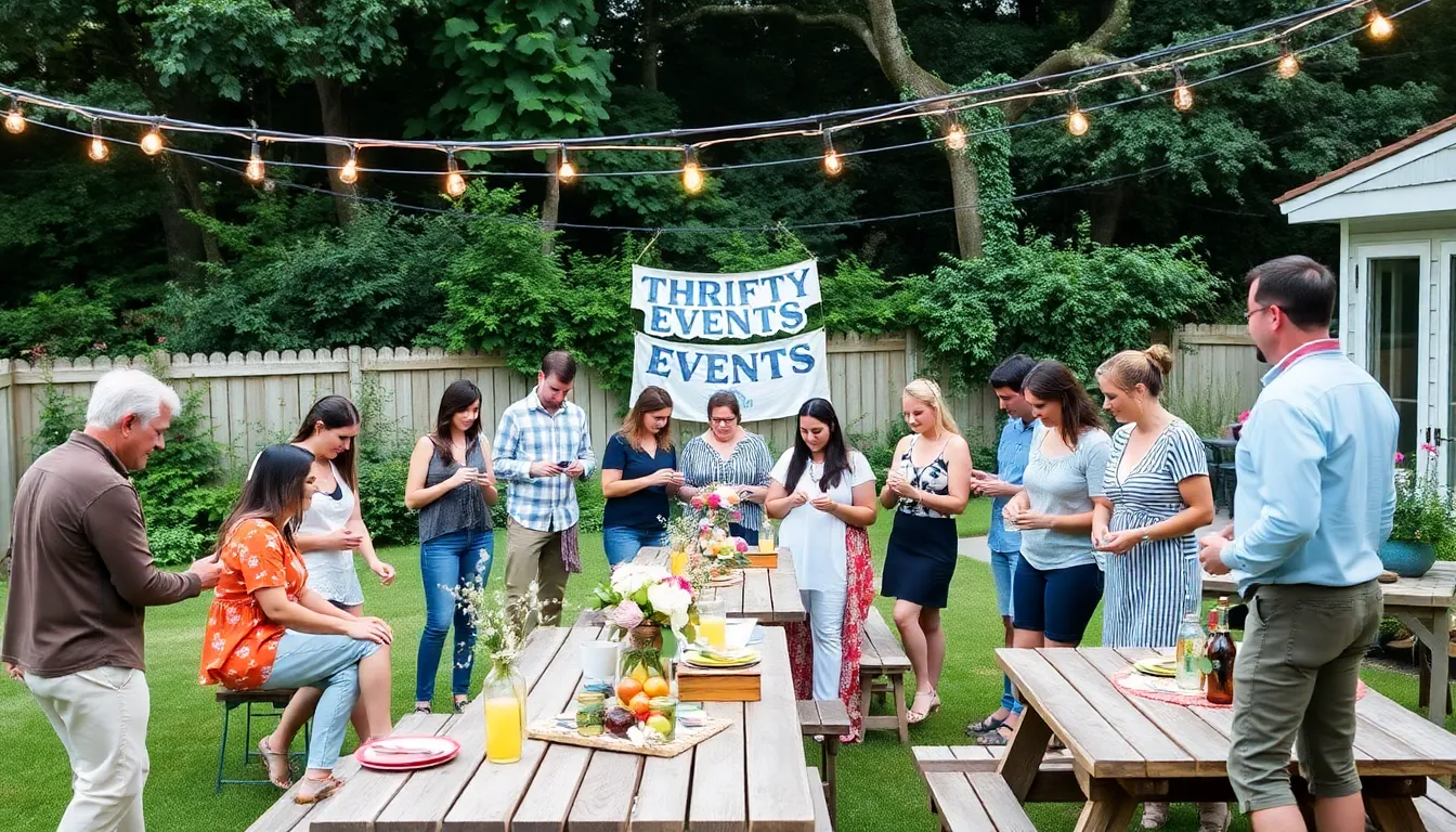 diverse group creating DIY decorations for a backyard event.