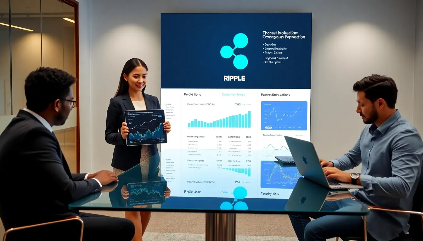 professionals discussing Ripple and XRP in a modern office setting.