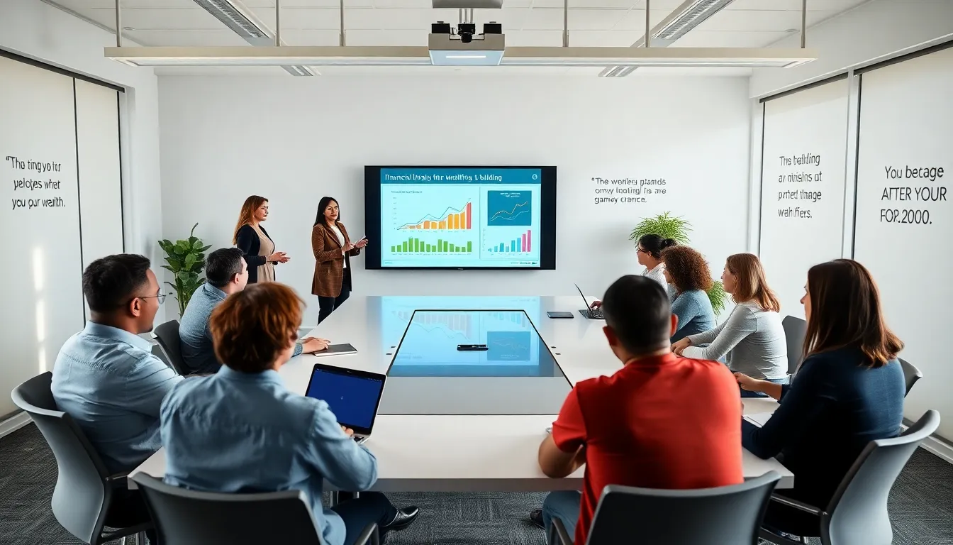 diverse adults learning about financial literacy in a modern classroom.