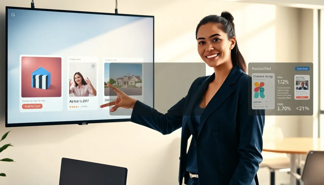 Product manager pointing at monitor showing four listing cards and metrics.