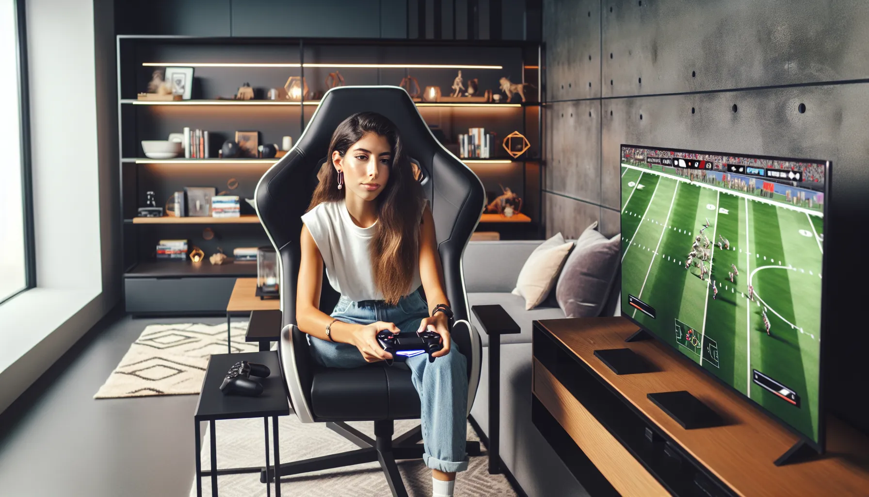 gamer playing NCAA 14 on Xbox Series S in modern living room.