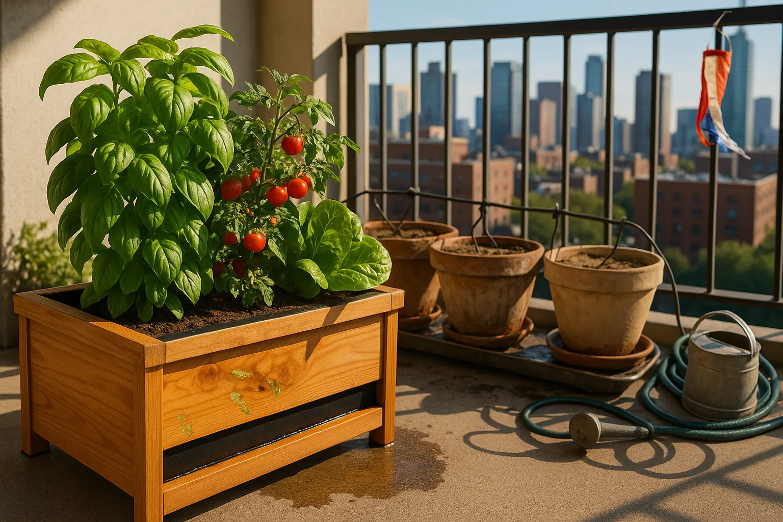 Self-wicking cedar planter thriving on a sunny high-rise balcony with stressed pots.
