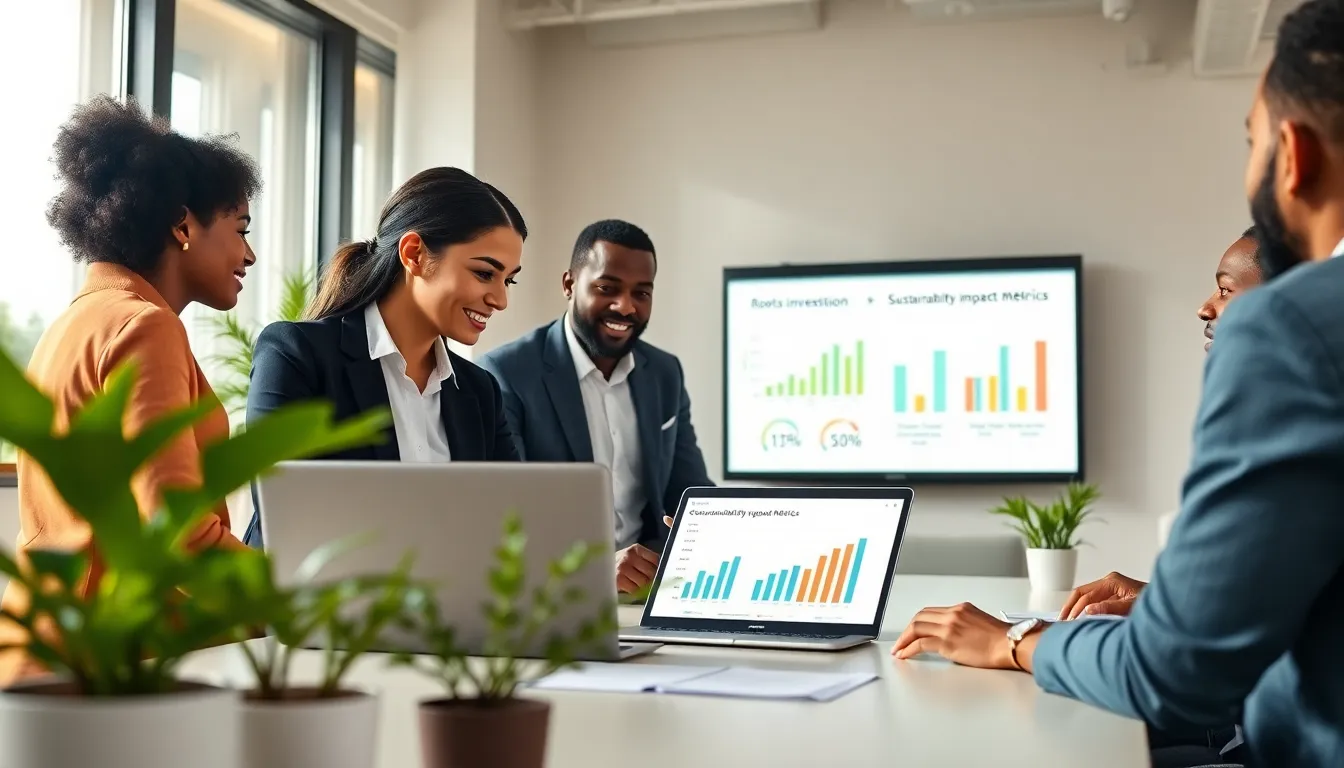 diverse team discussing roots investing in a modern office.