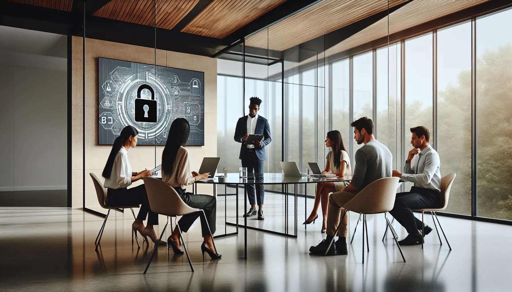 professionals discussing security concerns in a modern office.