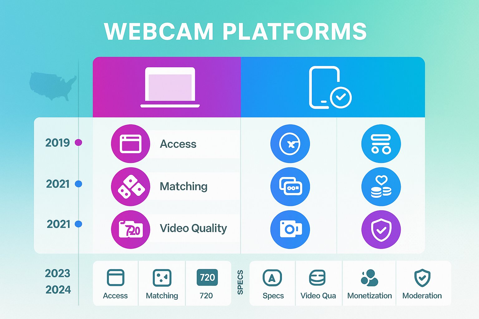 Side-by-side infographic comparing two webcam platforms with icons and timeline.