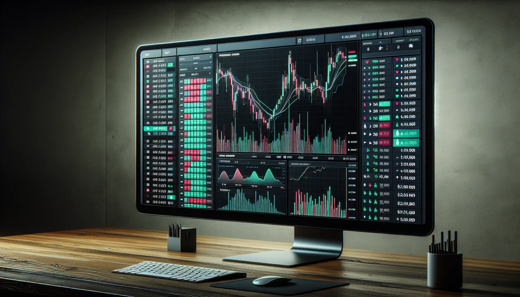 Binance cryptocurrency trading dashboard showing charts, order book, and trading pairs on monitor.