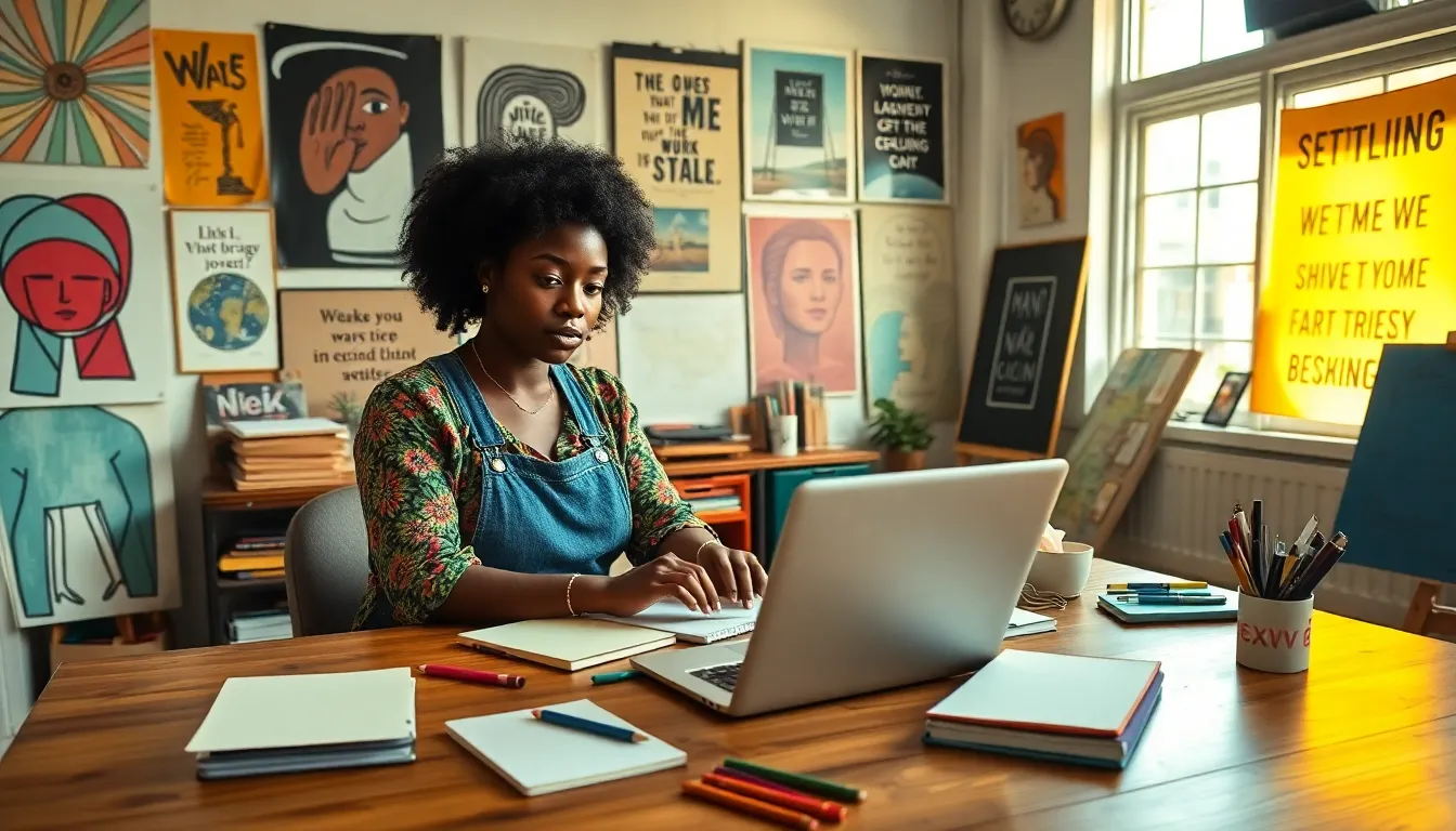 a young Black woman working in a creative workspace for #RedWebZine.