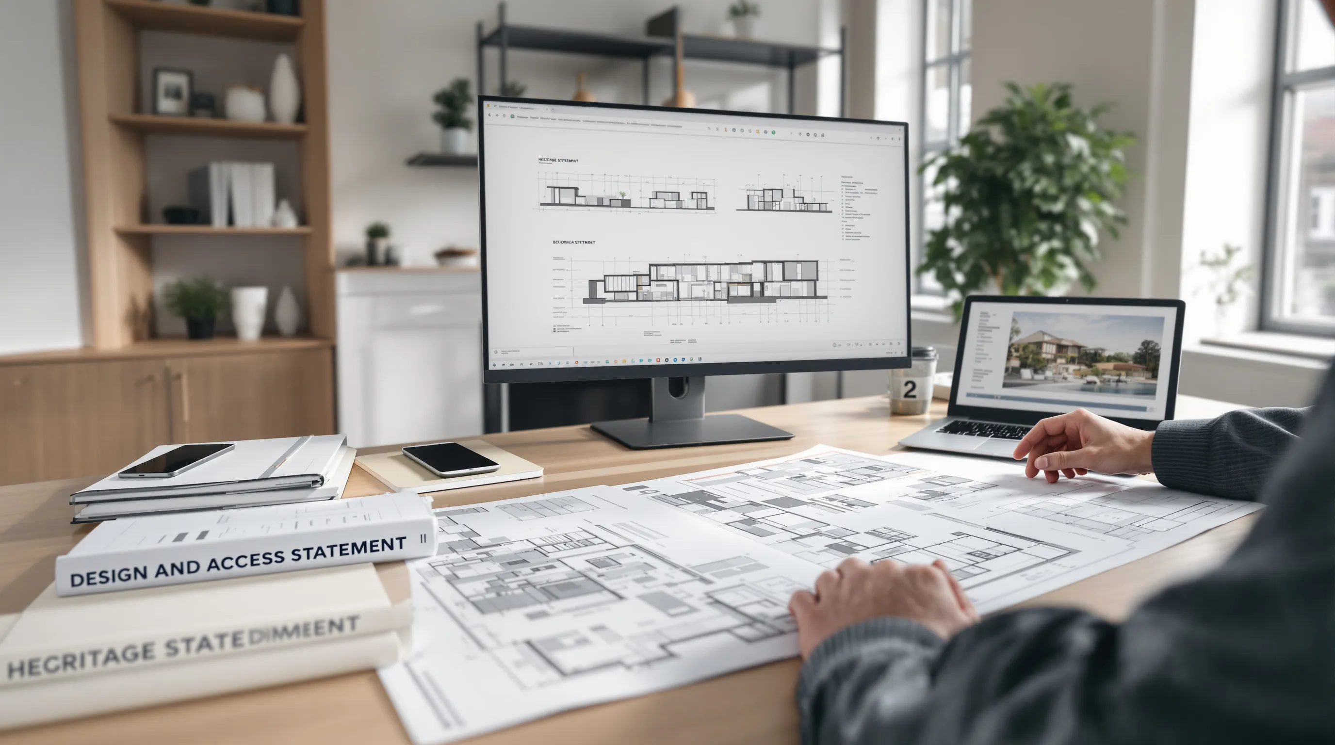 Architect reviewing detailed planning documents and 3D visualizations in modern UK office.