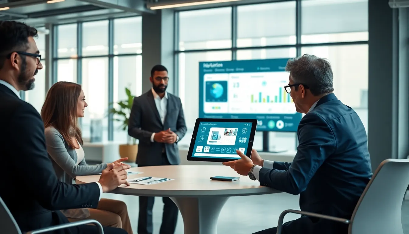 professionals discussing Internet of Things in a modern office.