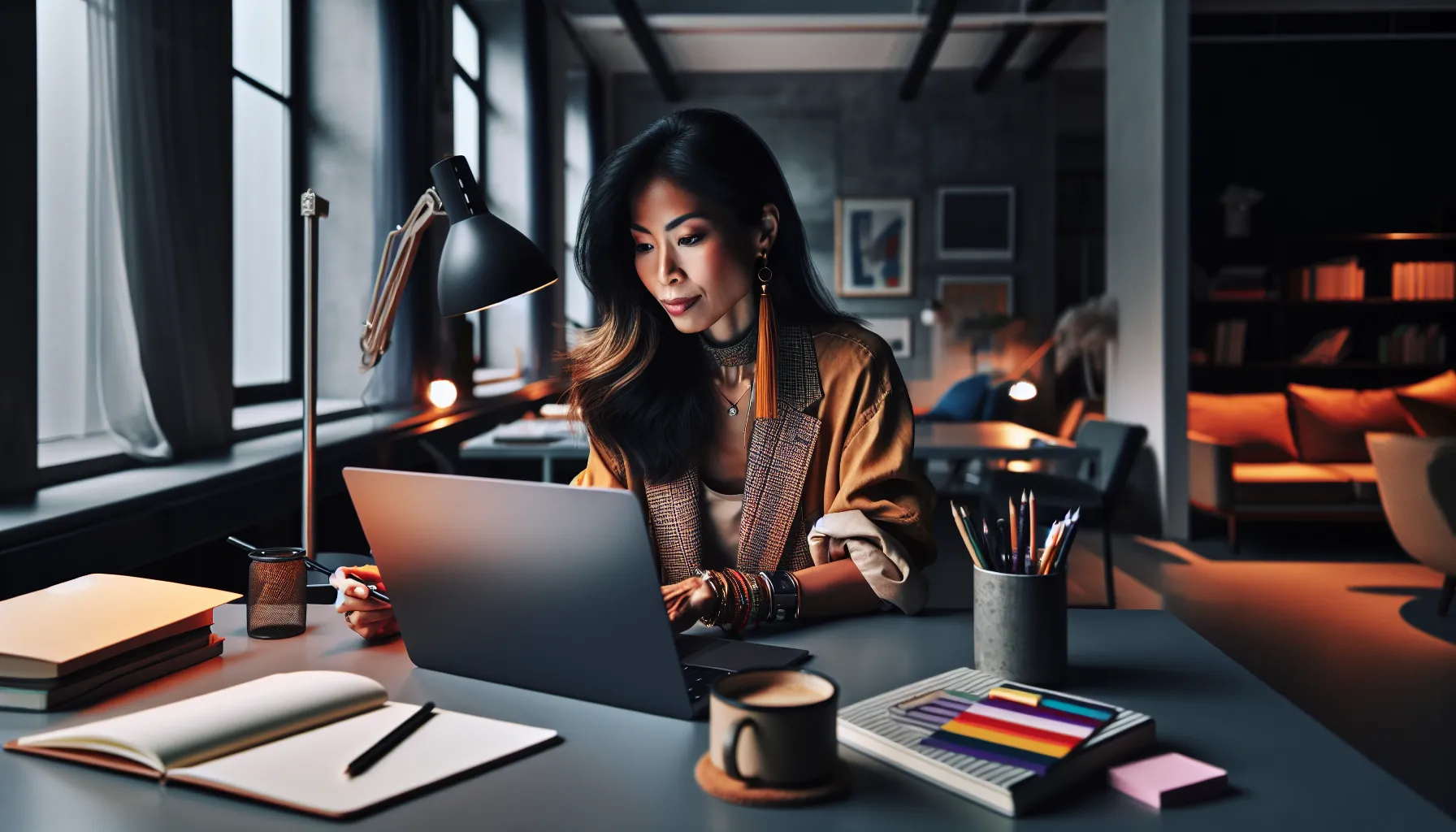 woman working on a laptop in a modern office.