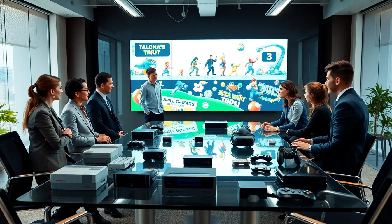 diverse team discussing the evolution of gaming in a modern office.