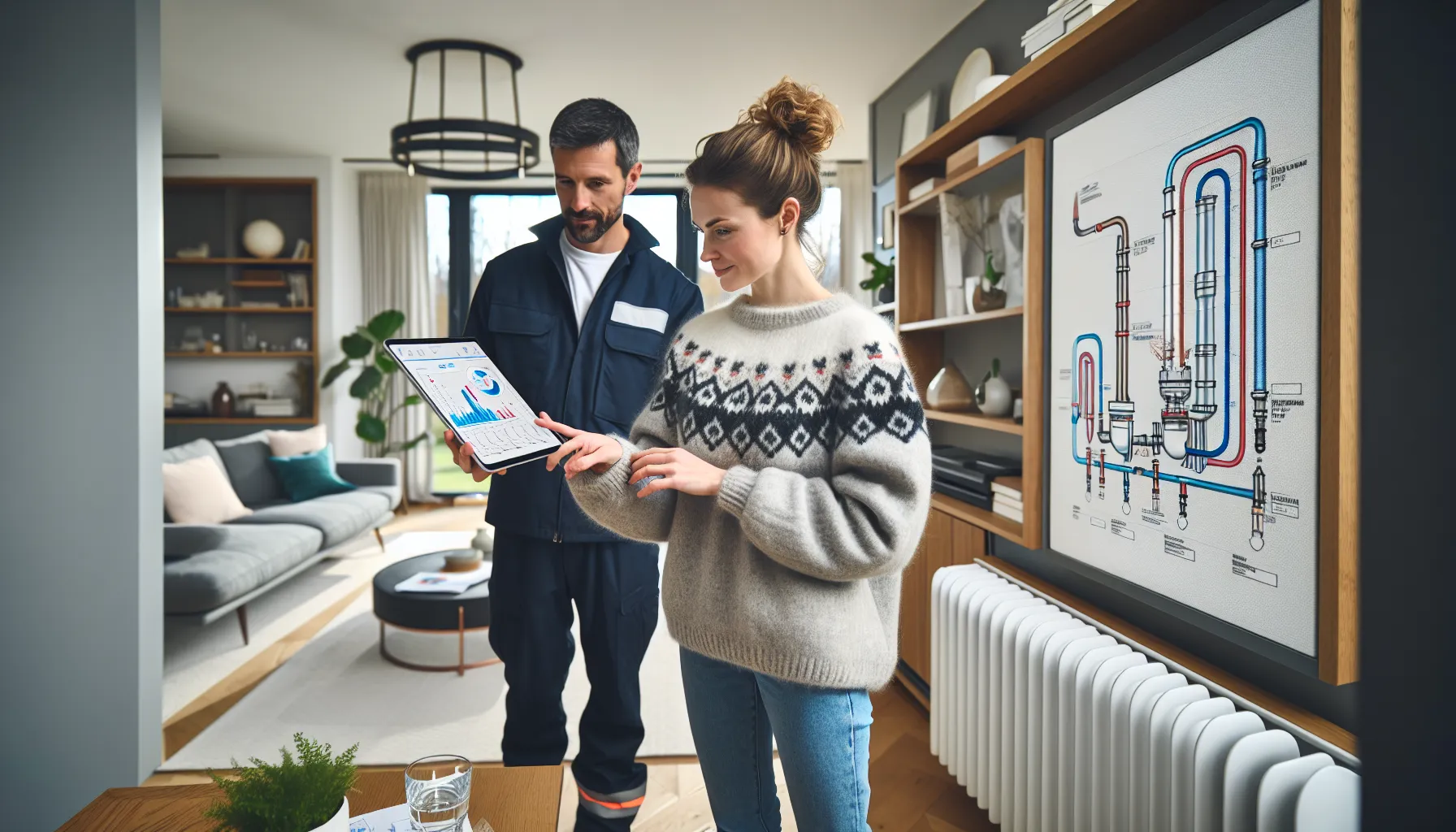 Norwegian homeowner reviews heat pump options with installer in a winter living room.