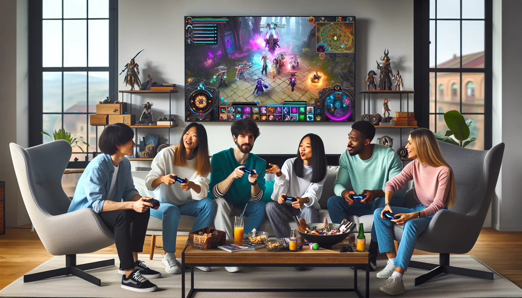diverse gamers collaborating on custom Warcraft content in a living room.
