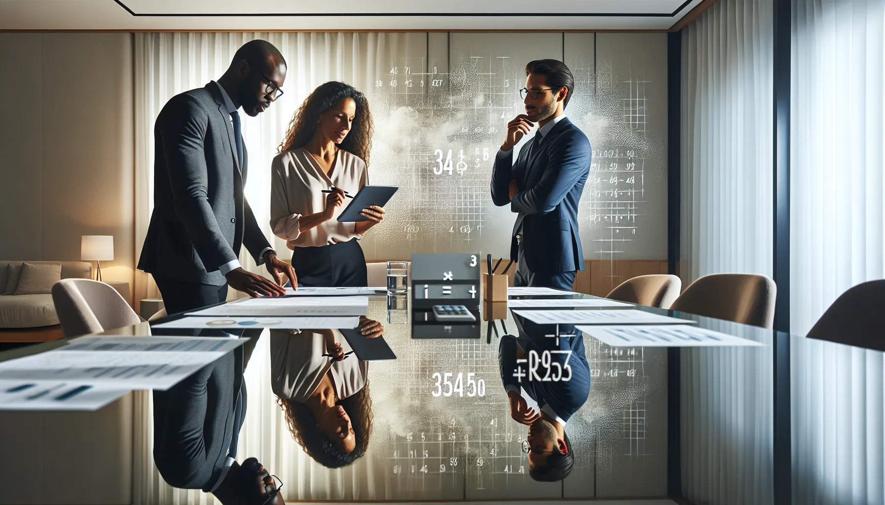 diverse professionals discussing financial calculations in an office.