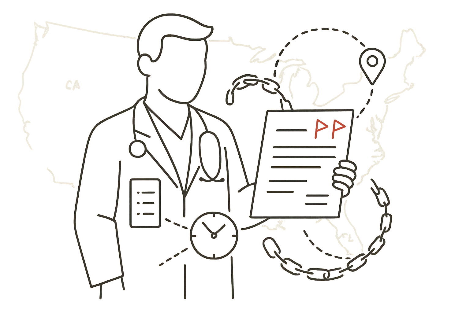 Veterinarian holding a contract with icons for radius, time, and non‑solicit limits.