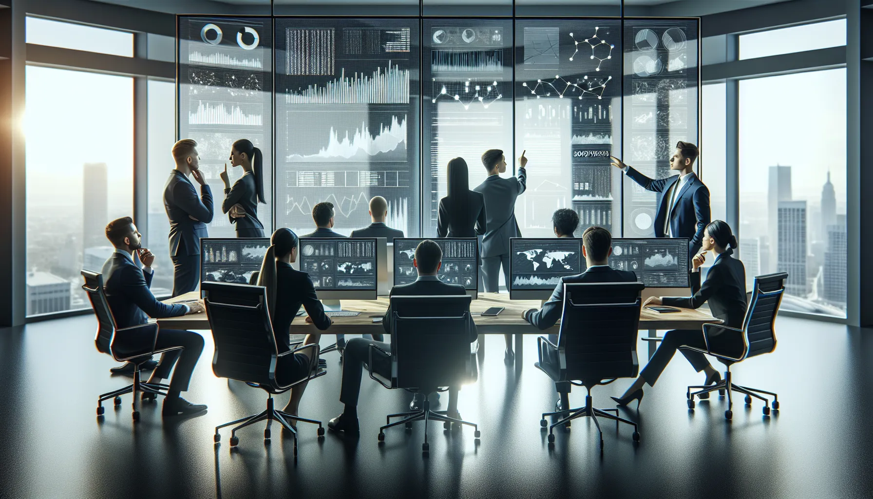 team analyzing numerical data in a modern office.