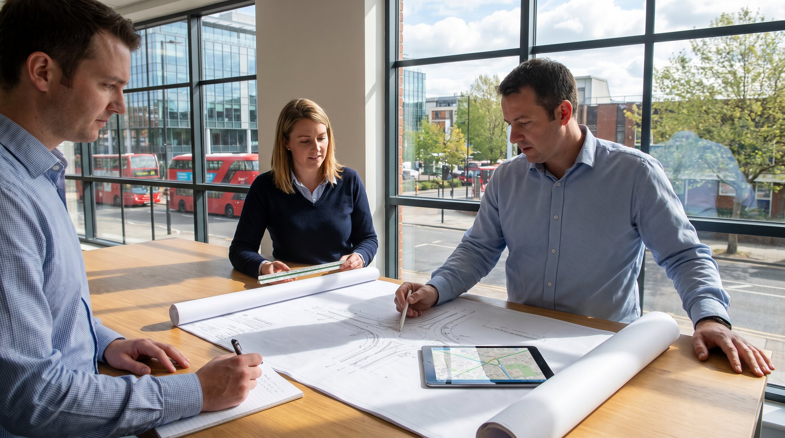 Professional traffic engineering team in a modern office reviewing transport plans and road layouts with a south-east England city street visible outside.
