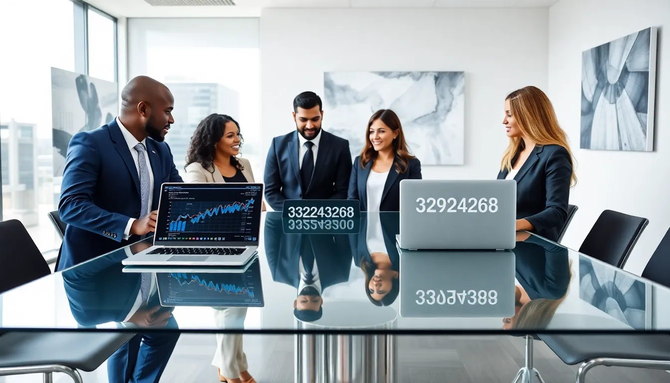 diverse professionals collaborating in a modern office around data on 3292442268.