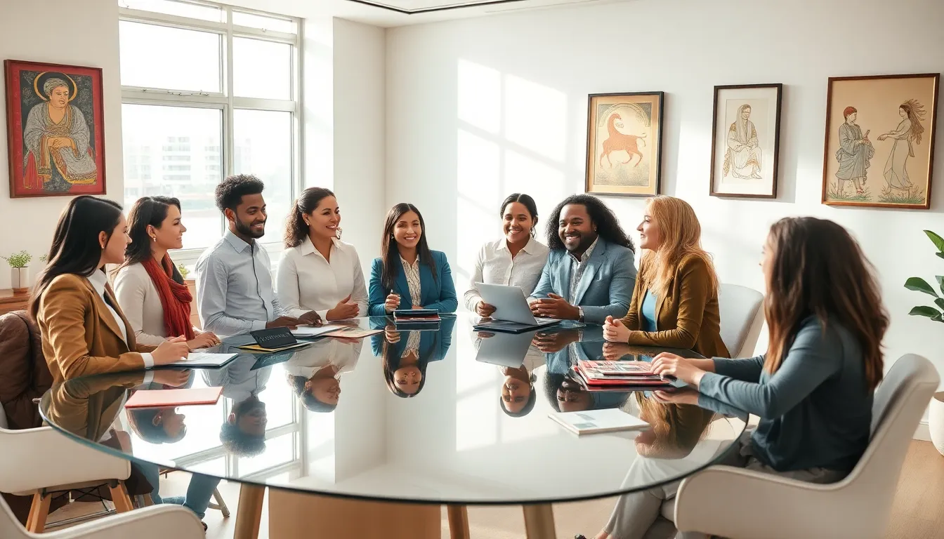 diverse professionals discussing cultural values in a modern office.