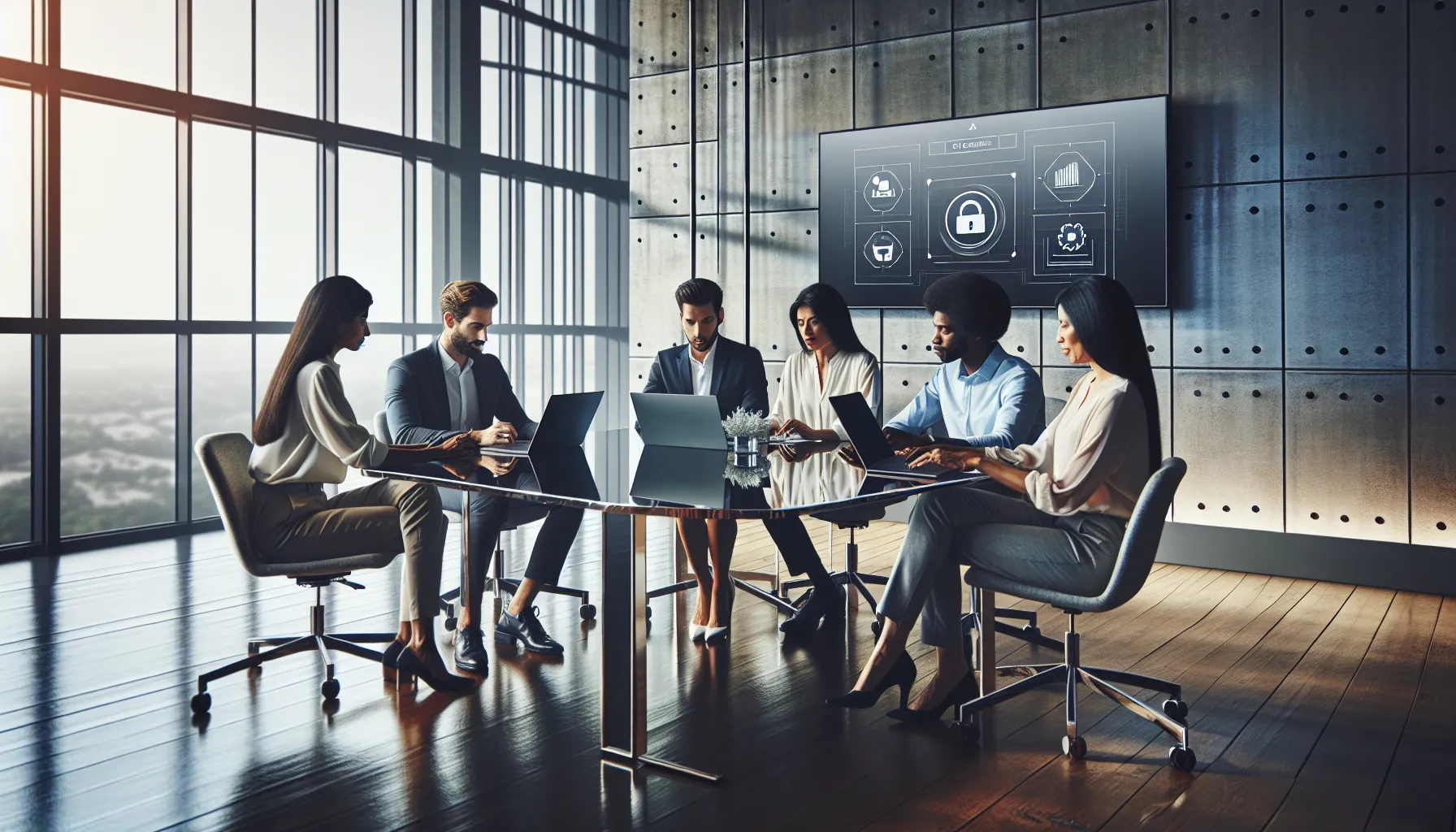 diverse professionals collaborating around laptops in a modern office.
