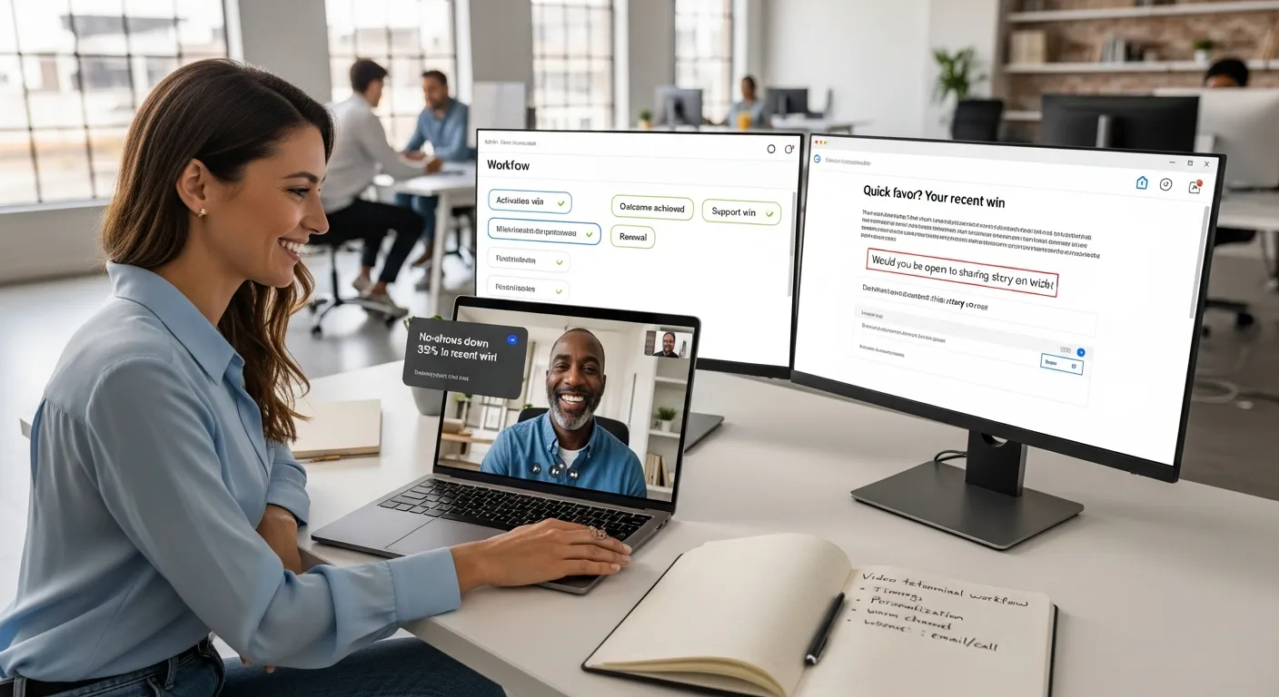 Customer success manager on Zoom making a personalized, well-timed video testimonial request.
