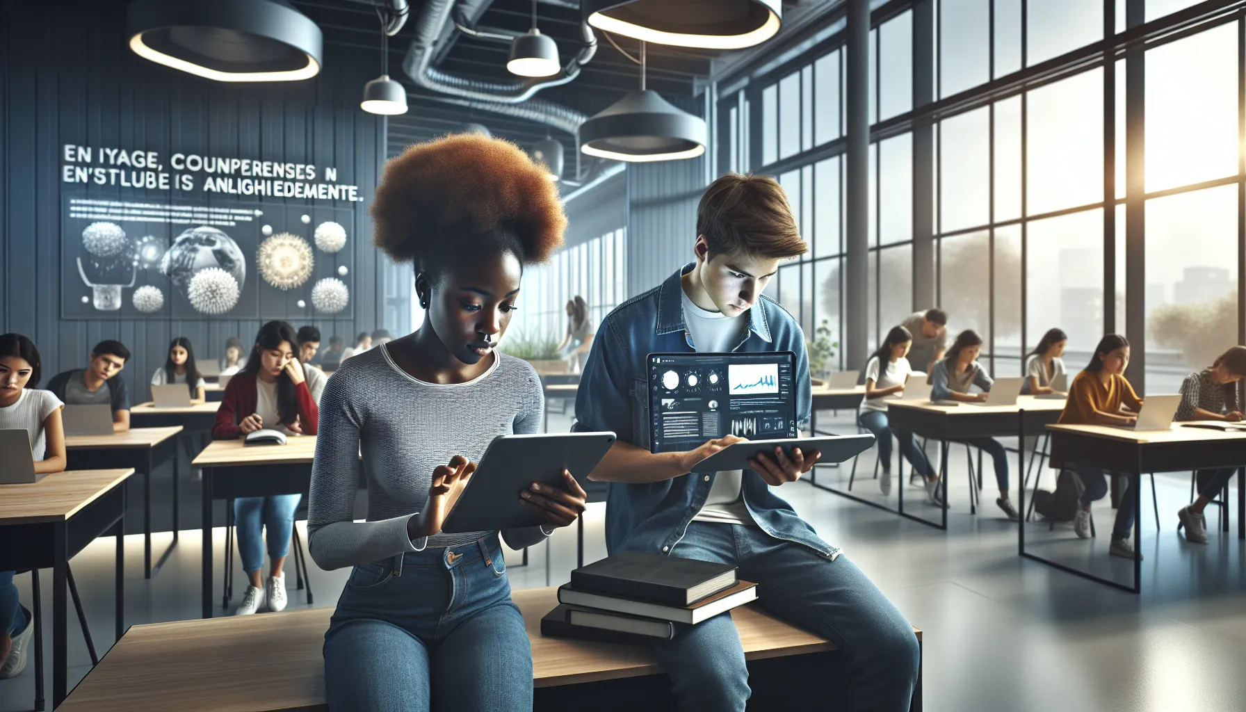 students engaged with digital assessments in a modern classroom.