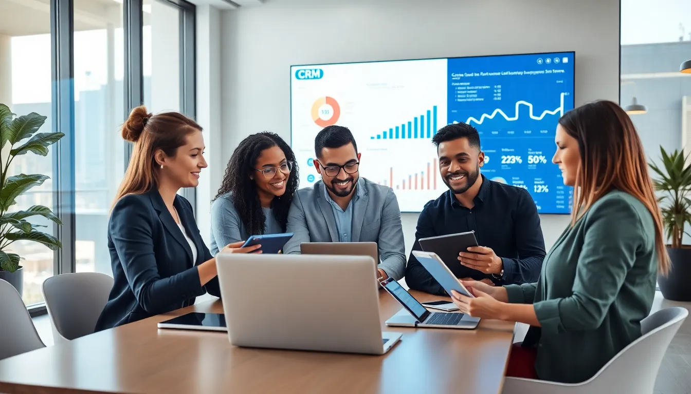 diverse team discussing software solutions in a modern office.