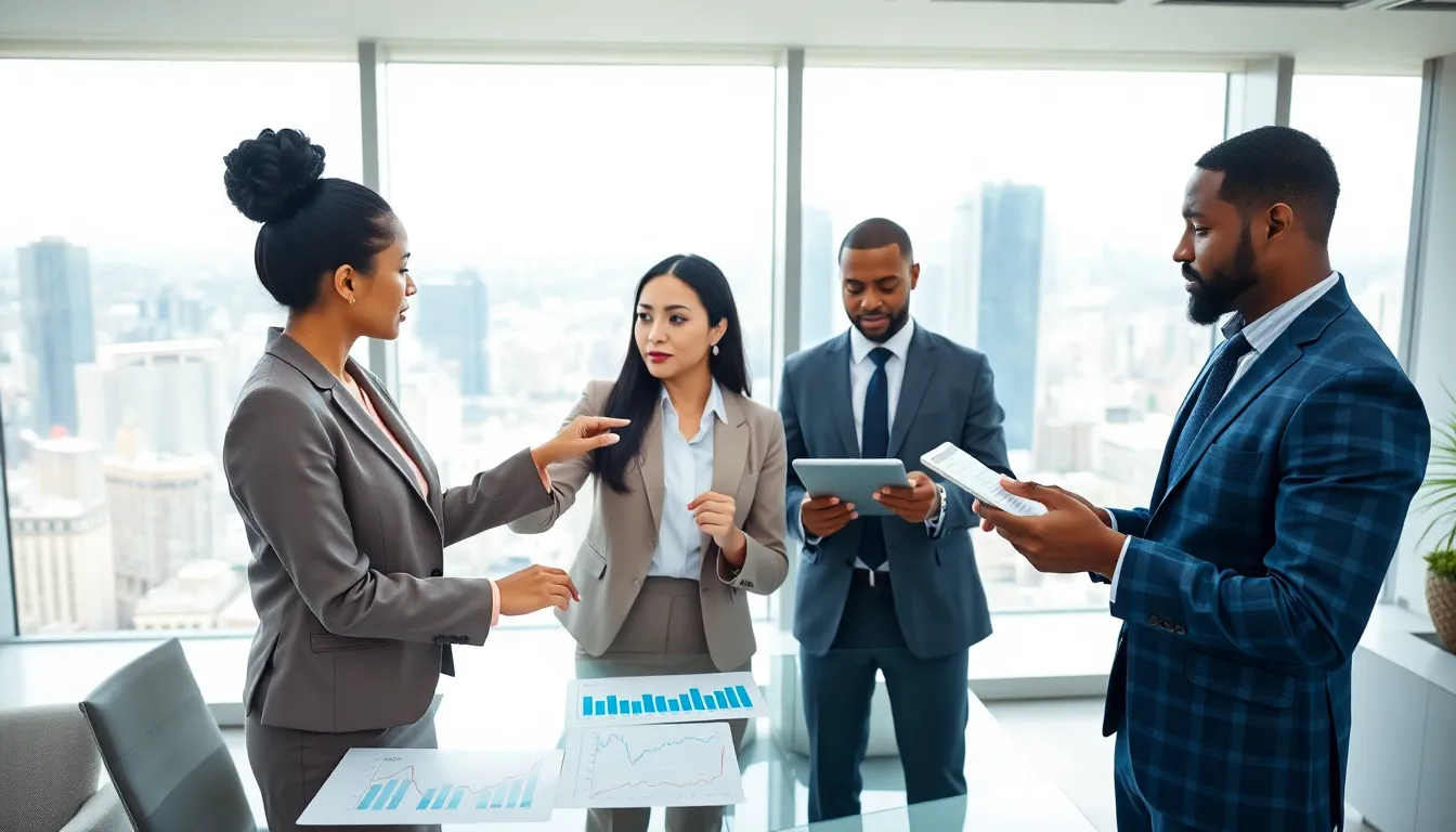diverse economists reviewing economic data in a modern office.