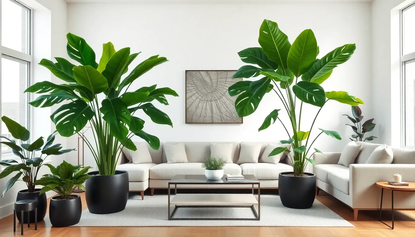 a stylish living room with large indoor plants.