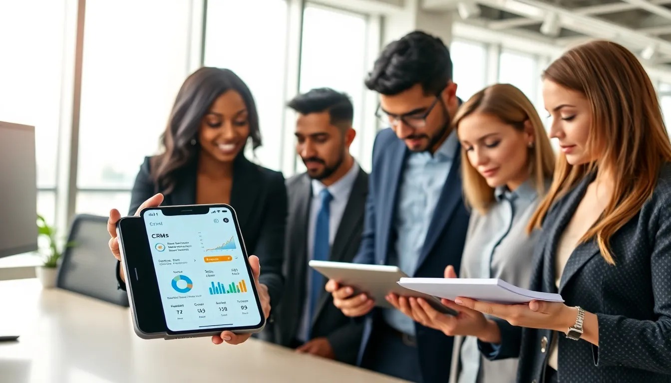 professionals using CRM mobile apps in a modern office setting.