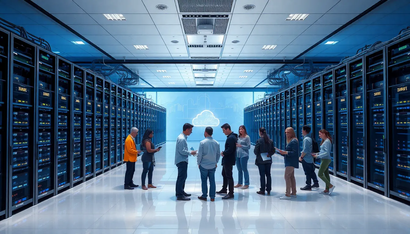 diverse IT team collaborating in a high-tech data center.