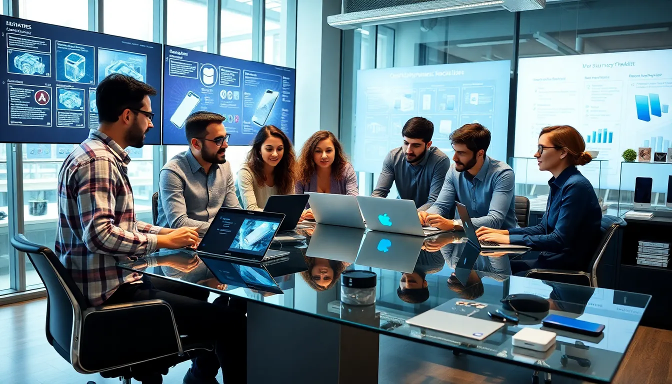 diverse engineers collaborating on consumer electronics designs in an office.