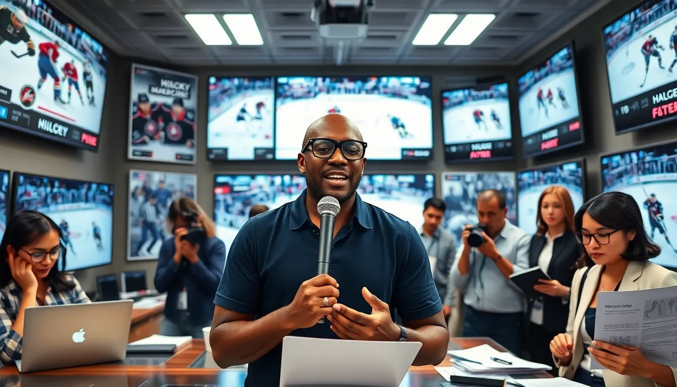 A diverse sports newsroom with analysts discussing hockey content.