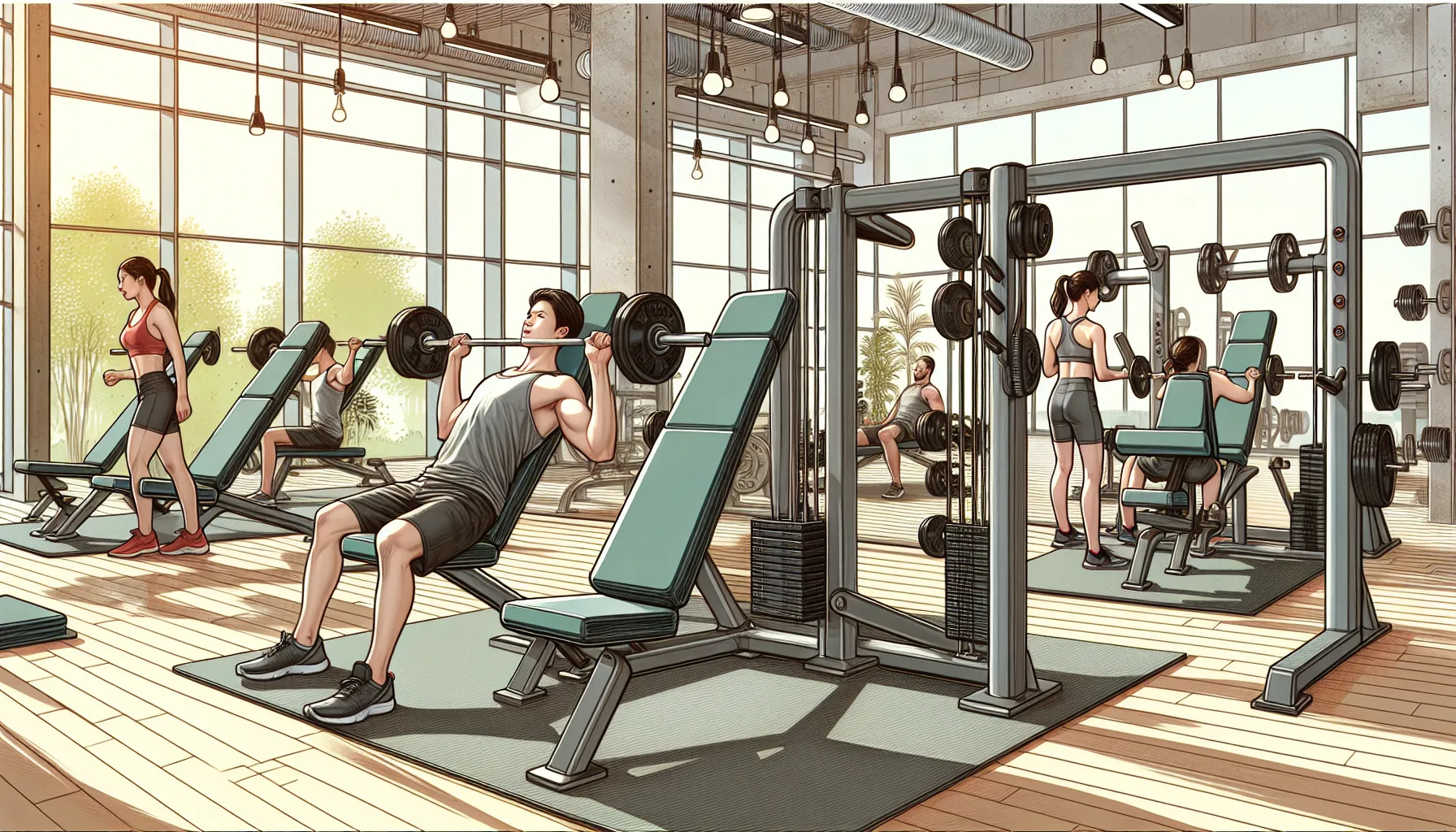 A gym with individuals performing incline and decline bench press exercises.