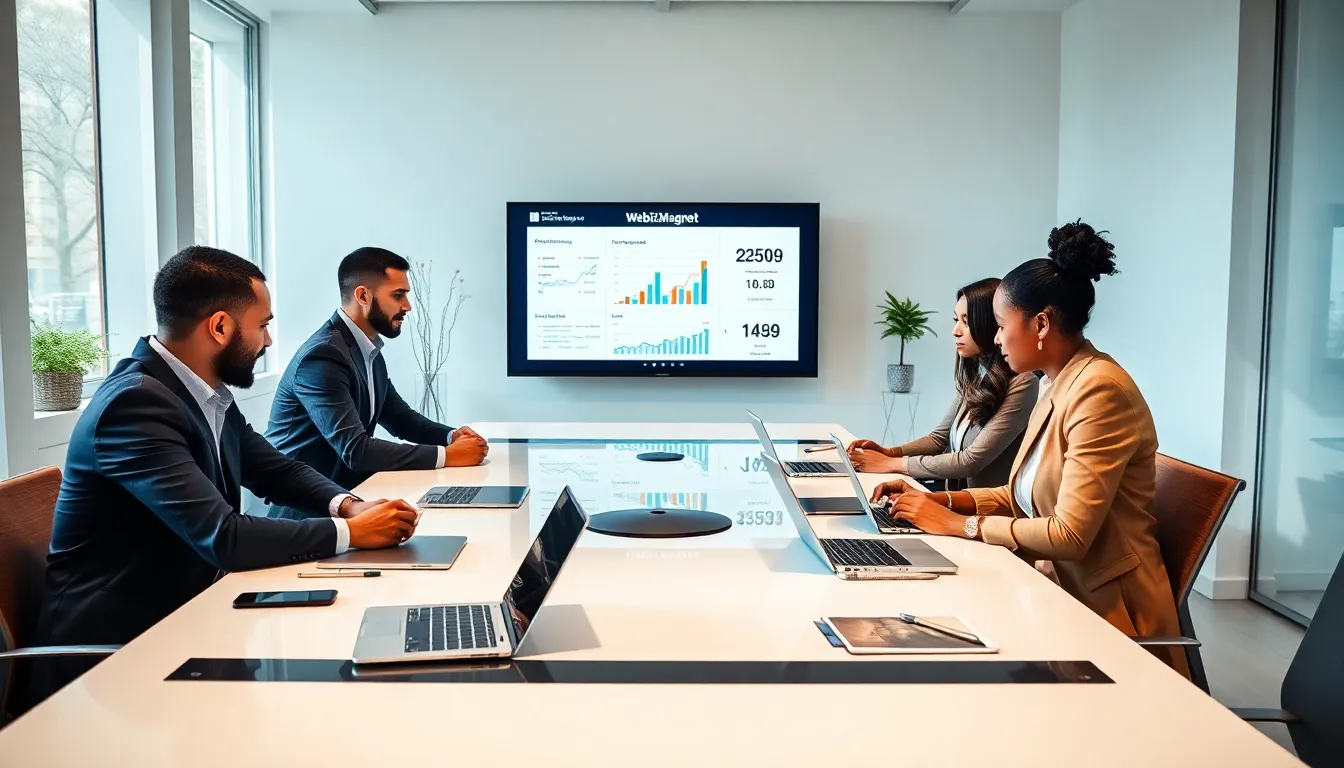 diverse team collaborating in a modern workspace on digital marketing strategies.