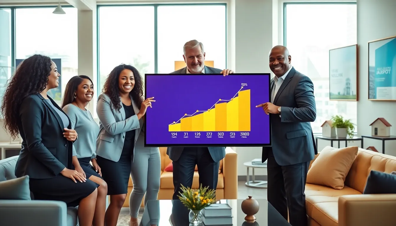 real estate agents discussing accumulative jackpots in a modern office.