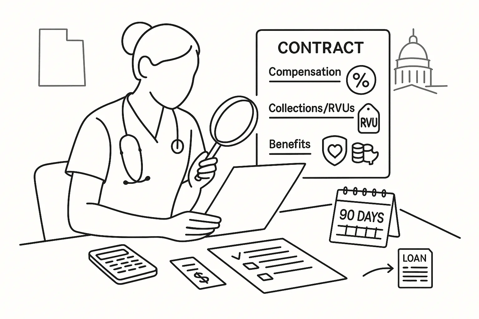Nurse practitioner at desk closely reviewing a contract with icons for pay and benefits.