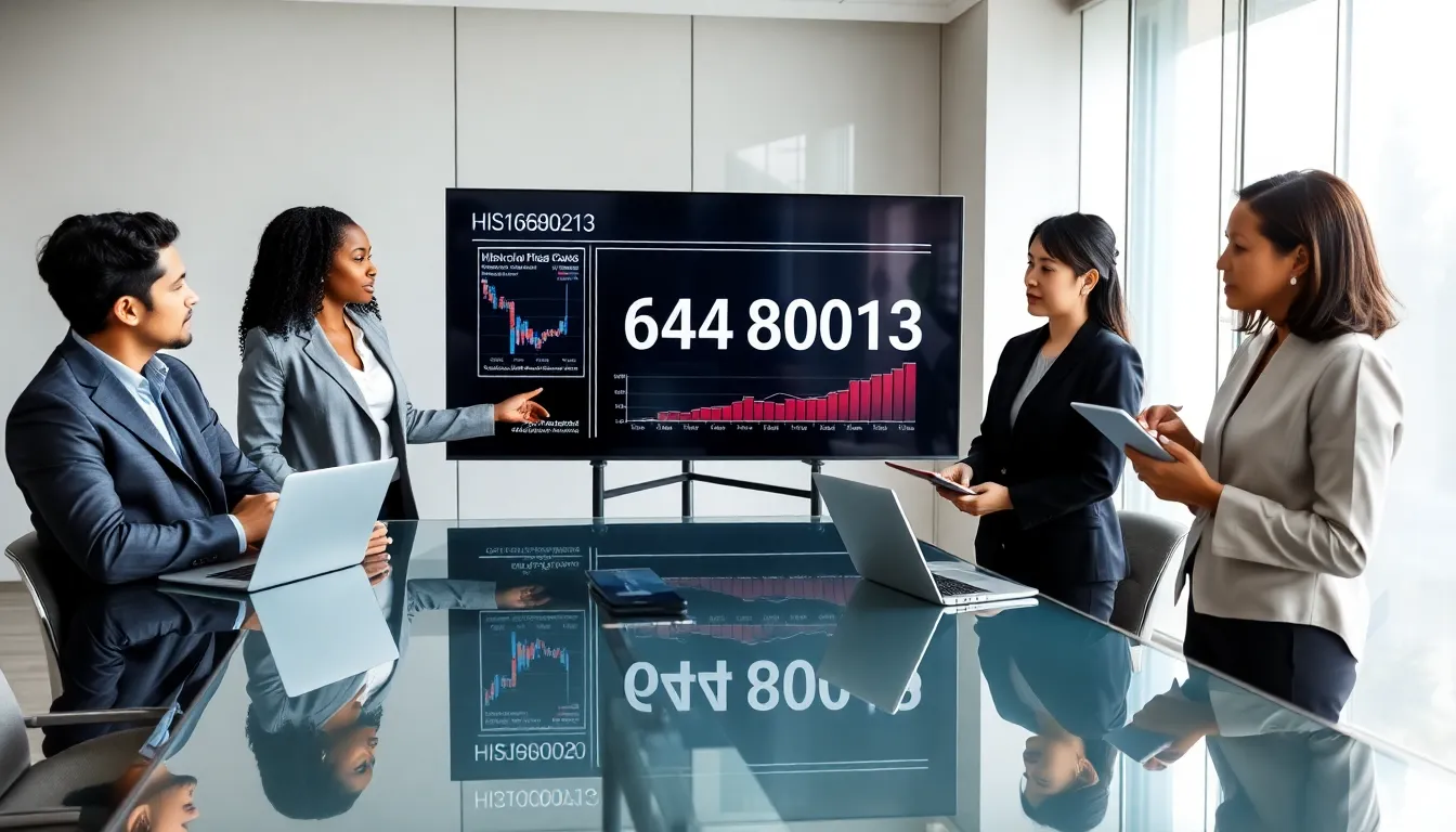 professionals discussing historical data in a modern office.